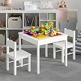4NM 3 in 1 Kids Play Table and 2 Chair Set with Storage,Compatible with Lego and Duplo Bricks Activity Toddler Table Chair, Wood Play Building Block Table for Toddlers Children - White