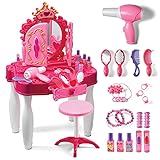 Play22 Pretend Play Girls Vanity Set with Mirror and Stool 20 PCS - Kids Makeup Vanity Table Set with Lights and Sounds - Kids Beauty Salon Set Includes Fashion Hair & Makeup Accessories & Blowdryer