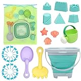 RACPNEL Beach Toys Sand Toys Set for Kids, Collapsible Sand Bucket and Shovels Set with Mesh Bag, Sand Molds, Watering Can, Flags, Sandbox Toys for Kids and Toddlers, Travel Sand Toys for Beach
