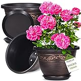 Plastic-Plant-Flower-Planters-10 Inch With Drainage Hole & Saucer, 3 Packs Lightweight Small Resin Pot Indoor Outdoor, Retro Antique Imitation Decorative Garden Containers Sets For Houseplants