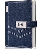 CAGIE Denim Journal with Lock for Women, Refillable Locking Journal for Adults B6 Notebook with Lock Combination 224 Pages locked Journal, 5.5 x 7.9 inch, Navy Blue