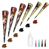 Temporary Tattoos Kit, Tizoerly 6 Pcs Semi Permanent Tattoo Paste Cones, India Body DIY Art Painting for Women Men Kids, Freehand Plaste with 3 Colors,20× Adhesive Stencil,1× Bottle,4× Nozzles