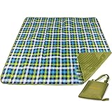 REDCAMP Outdoor Picnic Blanket Washable Waterproof and Sandproof, 77'x57' Large Foldable Picnic Mat Lawn Blanket for Grass Park Beach Travel with Tote Bag, Green and Blue Plaid