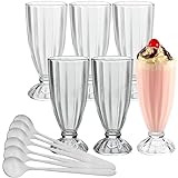PARNOO Milkshake Glasses - American Retro Style Ice Cream Sundae Glasses with 6 Stainless Steel Spoons for Parties & Events - Perfect for Fruit Salads, Root Beer, Soda, & Floats - 6 Pack, 12 oz