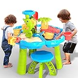 TEMI 3-in-1 Sand Water Table, 28PCS Kids Beach Summer Toys Sandbox Table Outdoor Activity Sensory Play Table with Dolphin Water Wheel, Molds, Bucket, Shovel for Toddlers Boys Girls