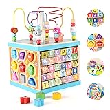 Garlictoys Wooden Baby Activity Cube for 1 2 Year Old Kids, 5 in 1 Multipurpose ABC-123 Abacus Bead Maze Shape Sorter | Early Educational Toy for Toddlers - First Birthday Gifts for Boys Girls