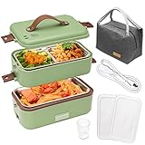 PiKaPiKaP Electric Lunch Box, 3 in 1 Portable Food Heater for Adults Office Home,Double Layer Food Heater Leak Proof, Food Warmer with Removable 304 Stainless Steel Container (Green)