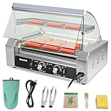 Seeutek Hot Dog Roller 7 Rollers 24 Hot Dogs Capacity 1100W Stainless Hot Dog Toaster With LED Light, Hot Dog Machine W/Dual Temp Control Glass Hood Acrylic Cover Warmer Shelf Removable Oil Drip Tray