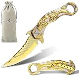 Pocket Knife for Men, Cool Folding Knife With 3D Golden Dragon Relief, Great Gift Edc Knife For Men Outdoor Survival Camping Hiking Hunting