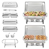 VEVOR Chafing Dish Buffet Set, 2 Pack 8 Qt, Stainless Chafer w/ 2 Full & 4 Half Size Pans, Rectangle Catering Warmer Server w/ Lid Water Pan Folding Stand Fuel Tray Holder Clip, at Least 8 People Each