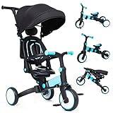 Babevy Baby Tricycle, 7-in-1 Folding Kids Tricycle with Adjustable Parent Handle, Safety Harness & Wheel Brakes, Removable Canopy, Ultra-Light Vehicle, Push Bike Gift for Toddlers for 1-6 Years（Blue）