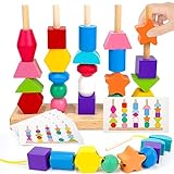 Montessori Toys for 2 3 4 Year Old Kid Boy Girl Toddler, Montessori Wooden Beads Sequencing Toy Set, Lacing Beads & Stacking Block & Matching Shape Stacker, STEM Preschool Learning Toy Birthday Gift