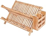 Dish Rack,Bamboo Folding 2-Tier Collapsible Drainer Dish Drying Rack With Utensils Flatware Holder Set (Dish Rack With Utensil Holder)…