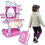 deAO 2 in 1 Makeup Table for Kids Girls Vanity & Suitcase Set with Fashion Accessories Pretend Play Travel Suitcase Fashion Beauty Set for Girls & Boys 3 4 5 6 Years Old
