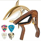 BigDeer Guitar Capo for Acoustic and Electric Guitars - One Rosewood Plus One Alloy Shark Capo (Gold) for both acoustic and electric guitars, great feel, no fret, durable and 4 guitar picks