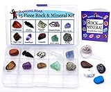 DANCING BEAR -15 Pc Rock & Mineral Collection with Collector Box/Display Case, ID Sheet, Rock Book, Magnifying Glass, Beginner Starter Set, Kids' Gemstone Crystal Kit, STEM Geology Science Education
