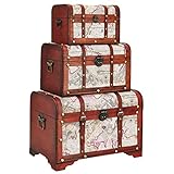 Set of 3 Small Wooden Storage Trunks and Chests, Living Room Décor Suitcases with Antique Map Print for Jewelry, Crafts, Pirate-Themed Home and Party Decorations (3 Sizes)