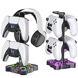 KDD Gaming RGB Headphones Stand, Rotatable Headset Stand with 9 Light Modes - Controller Holder with 2 USB Charging Ports and 3.5mm & Type-C Port - Earphone Hanger Accessories for Desktop Gamer(Black)