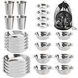 TOPZEA Set of 26 Stainless Steel Camping Plates and Bowls, Camping Mess Kits Camping Dish Set Tableware Includes Plates, Bowl, Cups, Stainless Steel Dinnerware for Camping, Hiking, Travel, Picnic
