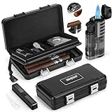 SEMKONT Cigar Humidor, Portable Travel Cigar Box, Double Cigar Humidor with Separate Storage for Cigar Accessories, Cigar Travel Case with Cigar Lighter and Humidifier, Holds 5 Cigars (Black)