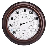 Indoor Outdoor Thermometer - Premium Steel Wall Thermometer Hygrometer for Patio, Wall or Decorative, No Battery Required Hanging Thermometer 8' Round Diameter (Bronze)