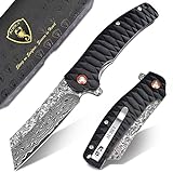 AUBEY EDC Damascus Pocket Knife, 3.34 inch Damascus Steel Hollow Grind Blade, Folding Knife with Ball Bearing, Aluminum Non-Slip Handle, Damascus Knife for Outdoor Camping Hunting (Black)