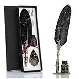 VANGOAL Retro Carving Feather Pen Set, Glittering Quill Pen Set Antique Calligraphy Writing Dip Pen with Ink, 2 Replacement Nibs, Pen Stand Base, Luxury Vintage Signature Pen (Black)