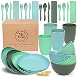 FOODLE Wheat Straw Dinnerware Sets for 4 - Lightweight & Unbreakable Dishes - Microwave & Dishwasher Safe - Perfect for Camping, Picnic, RV, Dorm - Plates, Cups and Bowls - Great for Kids & Adults