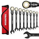 WORKPRO Ratcheting Combination Wrench Set, 8-piece Flex-Head Anti-Slip Set SAE 5/16-3/4 inch, 72-Teeth, Cr-V Constructed, Black Electrophoretic Coating with Rolling Pouch
