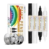 Betem 4 Count Dual Tip Oil Based White Black Paint Markers Paint Pens(0.7mm & 3mm), Permanent Paint Marker, Waterproof, Quick Dry, for Rock Painting, Wood, Plastic, Metal, Canvas(2White 2Black)