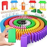 Large Dominoes for Kids, Wooden Dominos Set Include 200 PCS Colorful Domino Blocks, 11 Add-on Tricks and 1 Storage Bag, Bulk Building Dominoes, Tile Games Chain Reaction Kits Gift for Boys Girls Adult