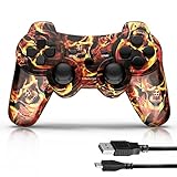 Kujian Wireless Controller for PS3, Controller for Playstaion 3, Double Shock 6-Axis Remote for PS3, Motion Sensor, Gaming Controller with USB Charging Cord (Blaze Skull)