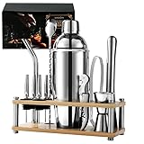 Oridom Bartender Kit 14-Piece Cocktail Shaker Set with Bamboo Stand, Perfect Bar Set Cocktail Mixer Set for Home Bar Party, Stainless Steel Bar Tool Set with Essential Accessories and Recipe Booklet