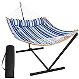 SUNCREAT Double Hammock with Stand Included, Portable Hammock with Stand and Large Pillow, Blue Stripes
