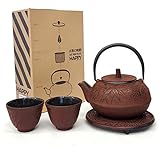 Happy Sales HSCT-BMR05, Cast Iron Tea Pot Tea Set Bamboo Red