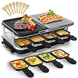 Voohek Korean BBQ Grill Raclette Table Grill Hibachi Electric Indoor Grill 2 in 1 Non-stick Grilling Plate and Natural Cooking Stone Adjustable Temperature 8 Raclette Pans 8 Wooden Spatulas 1300W
