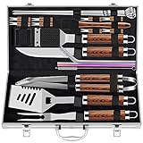 ROMANTICIST 25pcs Extra Thick Stainless Steel Grill Tool Set for Men, Heavy Duty Grilling Accessories Kit for Backyard, BBQ Utensils Gift Set with Spatula,Tongs in Aluminum Case for Birthday Brown
