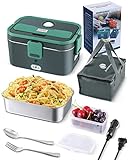 Andmenow 70W Faster Electric Heated Lunch Box, Car Truck Food Warmer, 1.8L Larger Capacity 304 Stainless Steel Container for Car and Home/Office, with Carry Bag and Fork & Spoon (Grey+Green)