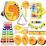 Kids Musical Instruments, 17Pcs Dinosaur Wooden Musical Toys for Toddlers 1-3 with Shakers Percussion Instruments Tambourine Xylophone, Early Learning Baby Musical Toys for Boys and Girls Gifts