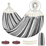 MOSFiATA Hammocks Portable Camping Hammock Upgraded 550lb Comfortable Fabric Hammock with Two Anti Roll Balance Beam and Sturdy Tree Straps for Camping, Patio, Backyard, Outdoor （Gray White）