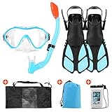 Odoland 6-in-1 Kids Snorkeling Packages Snorkel Set, Anti-Fog and Anti-Leak Full Face Snorkel Mask with Adjustable Swim Fins, Beach Blanket and Waterproof Case for Boys and Girls Age 9-15 Light Blue