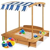 Best Choice Products Kids Wooden Cabana Sandbox Play Station for Children, Outdoor, Backyard w/ 2 Bench Seats, UV-Resistant Canopy Shade, Fabric Sandpit Cover, 2 Side Buckets - Natural