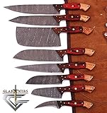 GladiatorsGuild G29RD- Professional Kitchen Knives Custom Made Damascus Steel 8 pcs of Utility Chef Knife Set with Chopper/Cleaver Pocket Case Roll Bag (Red)