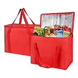 2-Pack XL-Large Insulated Grocery Shopping Bags, Red, Reusable, Heavy Duty, Zipped Zipper,Collapsible,Tote,Cooler,Groceries,for car,Recycled Material Warm Foldable Bag…