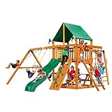 Gorilla Playsets 01-0020-AP-1 Navigator Wooden Swing Set with Deluxe Green Vinyl Canopy, Monkey Bars, Swings, and Slide, Brown