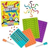Gummy Bear & Worm Silicone Candy Molds, 4 Pack Set - Nonstick Trays with 2 Droppers for Chocolate, Ice Cubes, BPA-Free -Makes up to 62 Candies -Summer Camp Birthday Gift
