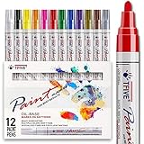 Paint Pens Never Fade Quick Dry and Permanent, 12 Color Oil-Based Waterproof Marker Set for Rock Painting, Ceramic, Wood, Fabric, Plastic, Canvas, Glass, Mugs, DIY - TF001