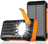 OOPOWEROO Solar Power Bank 20000mAh Built in Hand Crank and 4 Cables 22.5W Fast Charge Power Bank 5 Outputs & 5 Inputs Solar Portable Charger, SOS/Strobe/Strong Flashlights, Carabiner (Orange)
