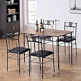 VECELO Kitchen Dining Room Table Sets for 4, 5 Piece Metal and Wood Rectangular Breakfast Nook, Dinette with Chairs, 42x31.4x30 inches,15.7x15.9x33.8 inches, Retro-Brown