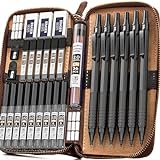 Nicpro 30PCS Black Metal Mechanical Pencils Set in Leather Case, Art Drafting Pencil 0.5, 0.7, 0.9 mm, 2mm Lead Pencil Holders for Sketching Drawing With 16 Tube (6B 4B 2B HB 2H 4H Colors)Lead Refills
